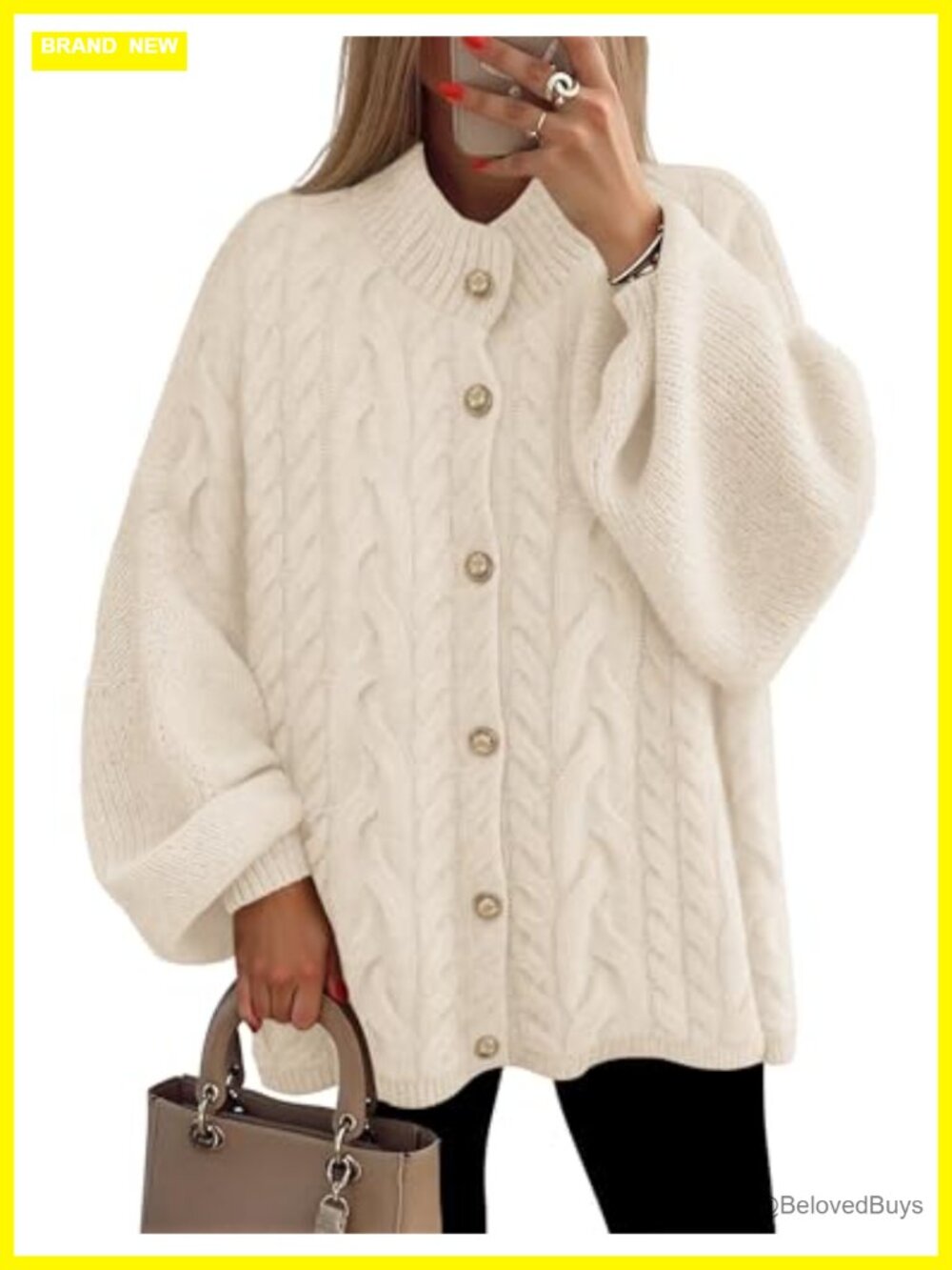 Oversized Chunky Knit Cardigan Sweater Open Front Lantern Sleeve